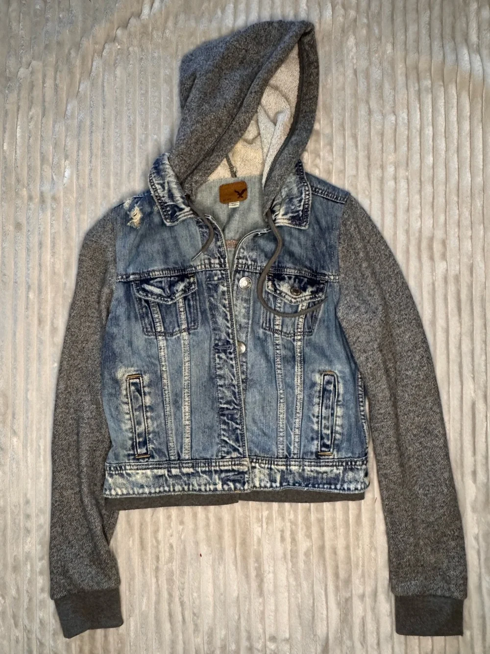 American Eagle Distressed Hooded Denim Jacket SMALL